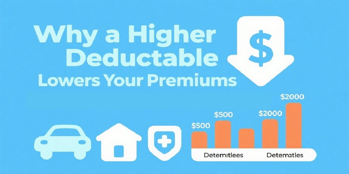 Infographic showing why a higher deductible lowers insurance premiums for car, home, and health plans.